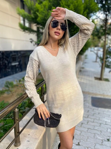 Kadın Uzun Kollu V Yakalı Mini Triko Elbise - Resim 2