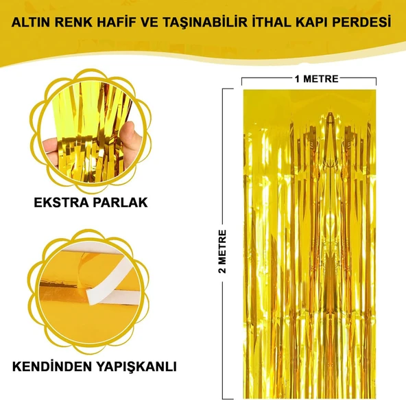 Ekstra Metalize Parlak Saçaklı Arka Fon Perde Gold - Resim 6