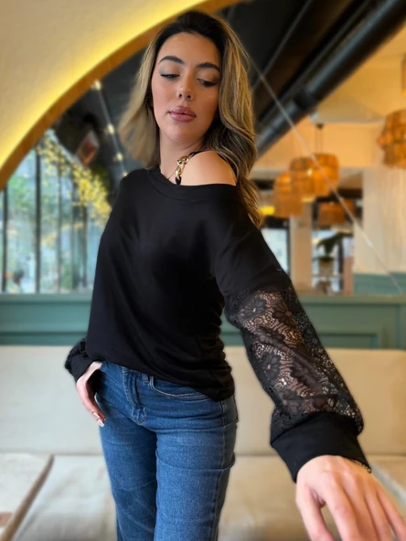 Kadın Uzun Kollu Tek Omuzu Açık Askılı Toka Ve Dantel Detay Viskon Iki Iplik Bluz - Resim 2