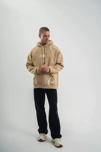 Double Oversize Kapşonlu Şimşek Pano Baskılı SweatShirt - Bej - 2