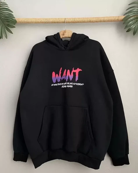 Baskılı Üç İplik Kapüşonlu Oversize Sweatshirt - Siyah - Resim 3