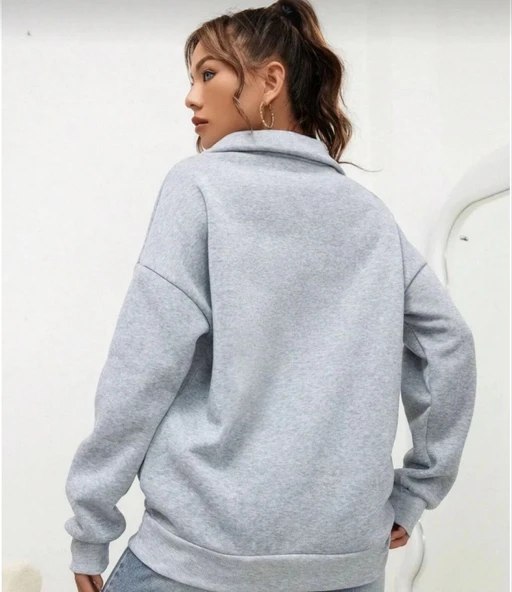 Unisex Uzun Kol Yarım Farmuarlı Yakalı Basic SweatShirt - Gri - Resim 3