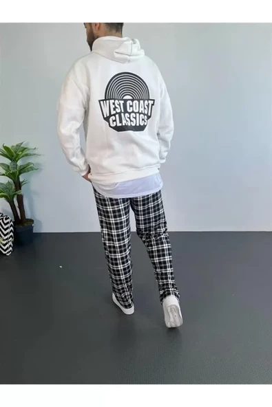Erkek Baskılı Üç İplik Kapüşonlu Oversize Sweatshirt - Beyaz - Resim 2