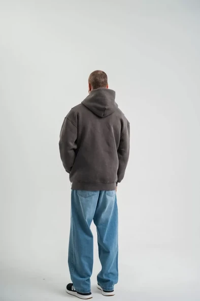 Unisex Uzun Kol Kapşonlu Yıkamalı Nakışlı SweatShirt - Füme - Resim 2