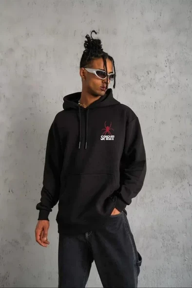 Unisex Kapşonlu Baskılı Sweetshirt - Siyah ürün görseli