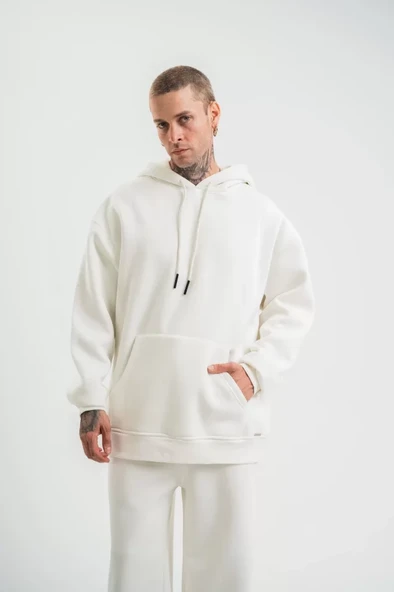 Unisex Double Oversize Kapşonlu Basic SweatShirt - Beyaz - 1