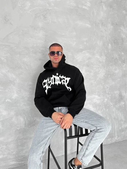 Unisex Üç İplik Kapşonlu Baskılı SweatShirt - Siyah - 2