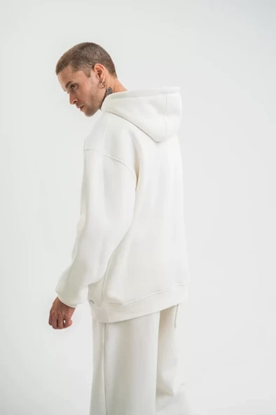 Unisex Double Oversize Kapşonlu Basic SweatShirt - Beyaz - 4