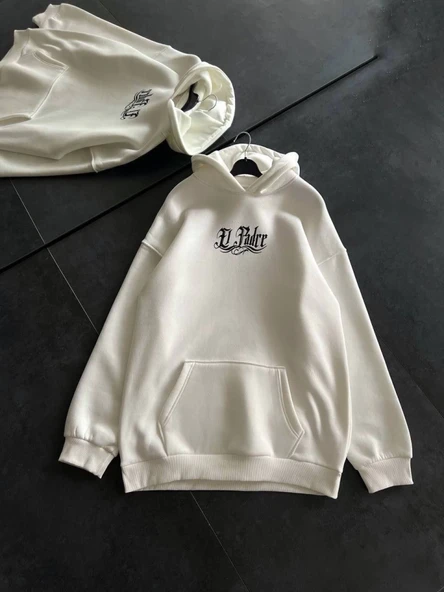 Üç İplik Penye Uzun Kol Kapşonlu Baskılı SweatShirt - Beyaz - Resim 2