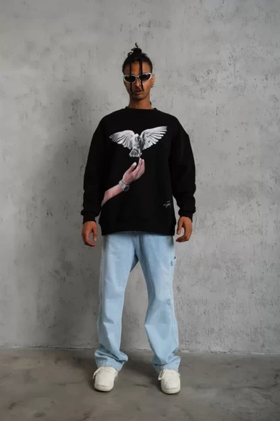 Erkek Güvercin Baskılı Sweatshirt - Siyah - Resim 2