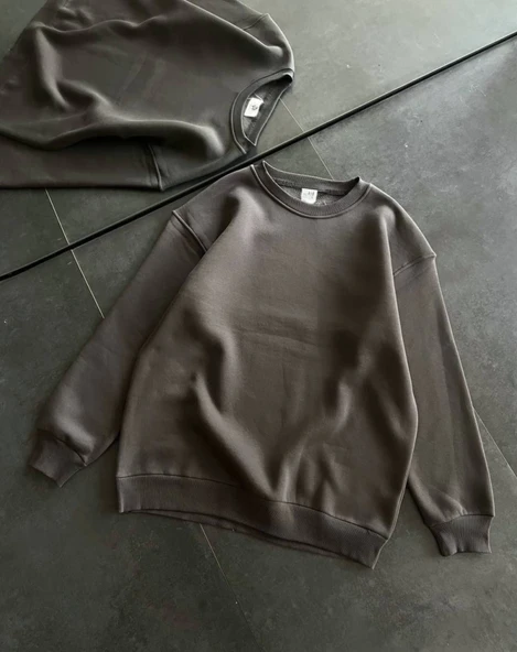 Kışlık Bisiklet Yaka Üç İplik Basic SweatShirt - Füme ürün görseli