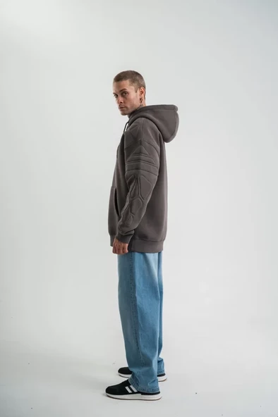 Double Oversize Kapşonlu Nakışlı SweatShirt - Füme - Resim 3