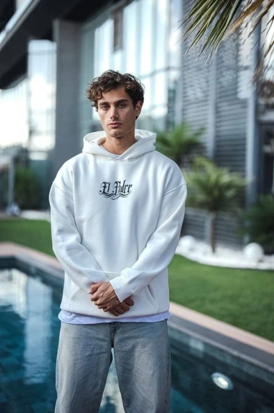 Üç İplik Penye Kapşonlu Baskılı SweatShirt - Beyaz ürün görseli