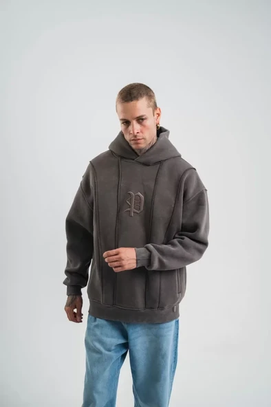 Unisex Uzun Kol Kapşonlu Yıkamalı Nakışlı SweatShirt - Füme - Resim 4