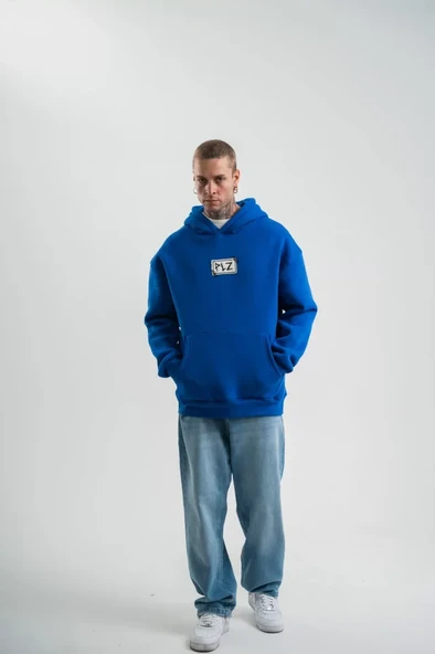 Unisex Kapşonlu Uzun Kol Patchli Nakışlı SweatShirt - Mavi - 2