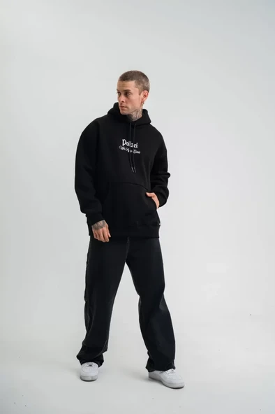 POLIZEI Premium Kalite Kapşonlu Dijital Patchli SweatShirt - Siyah - Resim 4