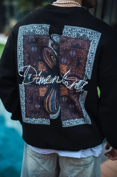 Uzun Kol Bisiklet Yaka Ön Ve Arka Baskılı SweatShirt - Siyah - Resim 2