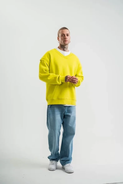 Geniş V Yaka Kol Ribana Detaylı SweatShirt - Sarı ürün görseli