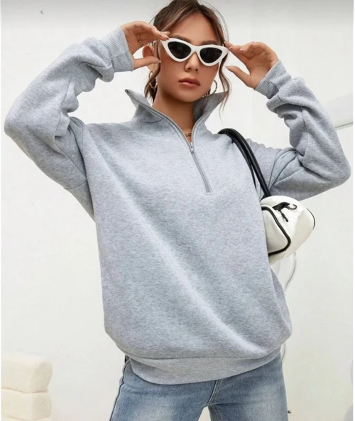 Unisex Uzun Kol Yarım Farmuarlı Yakalı Basic SweatShirt - Gri - Resim 2