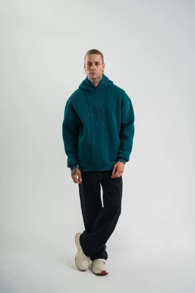 Unisex Uzun Kol Kapşonlu Yıkamalı Nakışlı SweatShirt - Koyu Deniz Yeşili ürün görseli