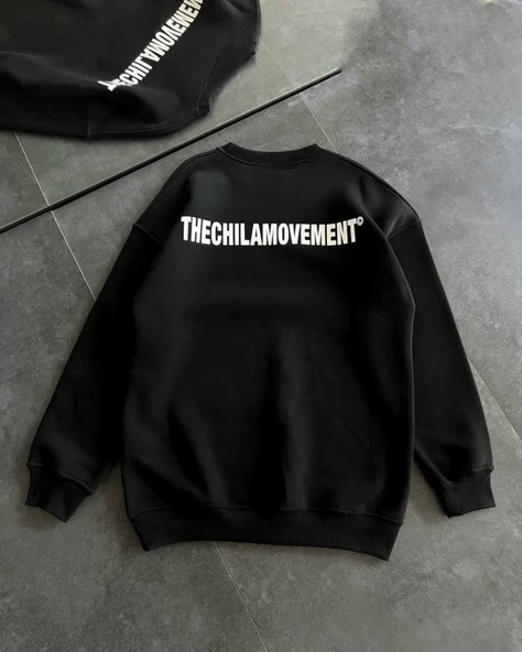 Kışlık Bisiklet Yaka Oversize Baskılı SweatShirt - Siyah - Resim 2