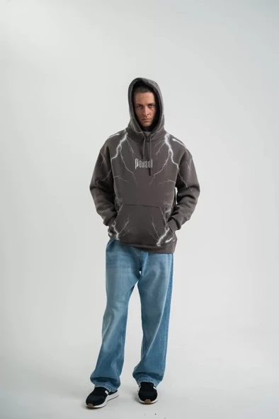 Double Oversize Kapşonlu Şimşek Pano Baskılı SweatShirt - Füme - Resim 3