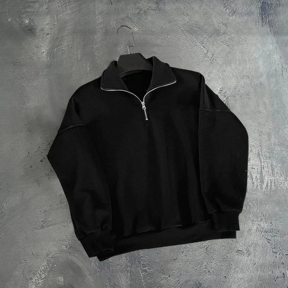 Erkek Yarım Fermuarlı Üç İplik Sweatshirt - Siyah - Resim 2