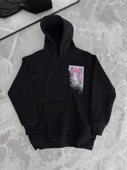 Uzun Kol Kapşonlu Ön Ve Arka Baskılı SweatShirt - Siyah - Resim 3