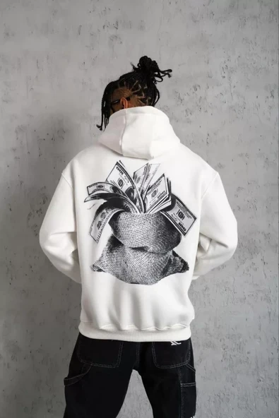 Erkek Kanguru Cep Baskılı Kapüşonlu Sweatshirt - Beyaz - Resim 2