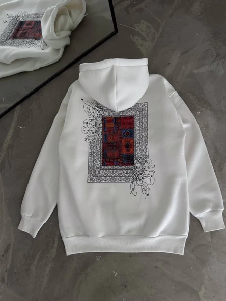 Uzun Kol Kapşonlu Ön Ve Arka Baskılı SweatShirt - Beyaz - Resim 4