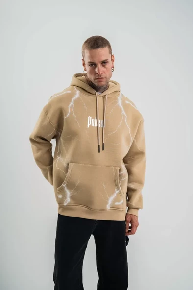 Double Oversize Kapşonlu Şimşek Pano Baskılı SweatShirt - Bej - 1