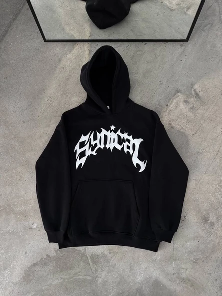 Kışlık Kapşonlu Baskılı Oversize SweatShirt- Siyah ürün görseli