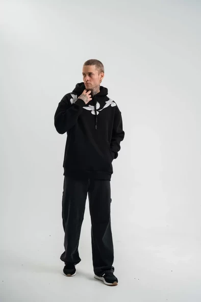 Unisex Uzun Kol Bisiklet Yaka Yıkamalı SweatShirt - Siyah - Resim 3