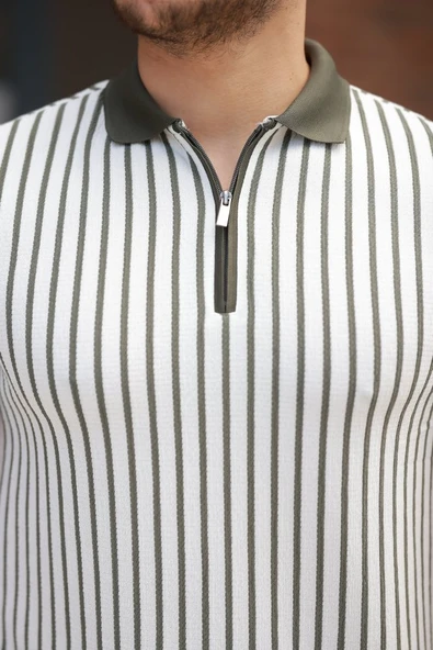 Erkek çizgili Fermuar Yakalı Kısa Kollu Tişört - Resim 3