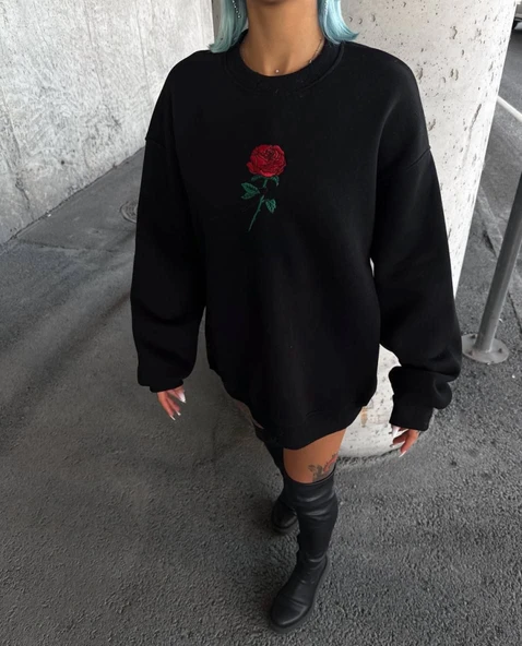 Oversize Üç İplik Bisiklet Yaka Baskılı SweatShirt - Siyah - Resim 2