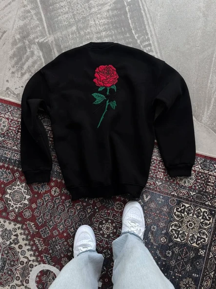 Unisex Bisiklet Yaka Ön Ve Arka Baskılı SweatShirt - Siyah - Resim 3