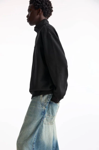 Oversize Yarım Farmuarlı Yakalı Basic SweatShirt - Siyah - Resim 4