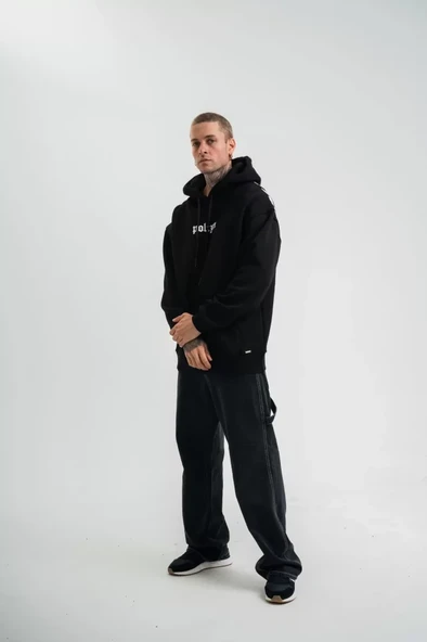 Kapşonlu Double Oversize Dijital Patchli SweatShirt - Siyah - Resim 3