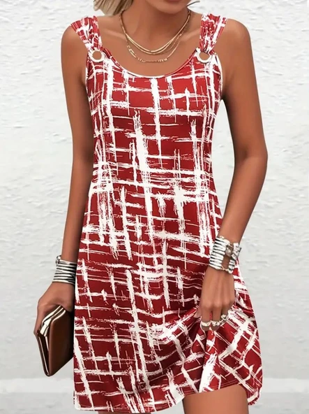 Kadın Askılı Kuş Gözü Detaylı Desenli Süprem Elbise ürün görseli