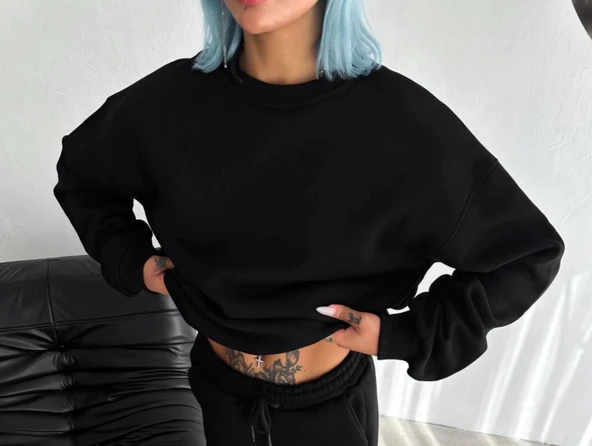 Kışlık Bisiklet Yaka Üç İplik Basic SweatShirt - Siyah ürün görseli