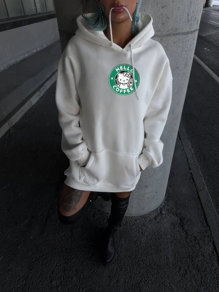 Üç İplik Penye Uzun Kol Kapşonlu SweatShirt - Beyaz - Resim 4