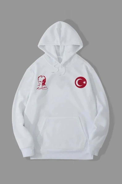 10 Kasıma Özel Üç İplik Kapşonlu Baskılı SweatShirt - Beyaz ürün görseli