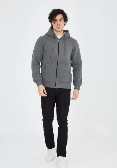 Unisex Tam Fermuarlı Kapşonlu  SweatShirt - Füme ürün görseli