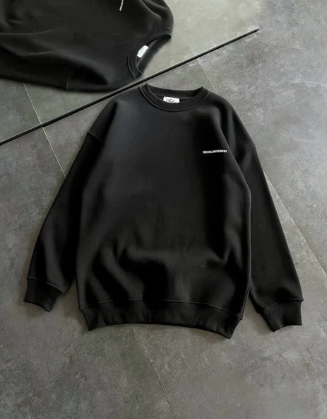 Kışlık Bisiklet Yaka Oversize Baskılı SweatShirt - Siyah - Resim 4