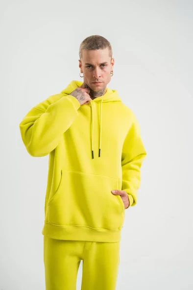 Unisex Double Oversize Kapşonlu Basic SweatShirt - Sarı - 4