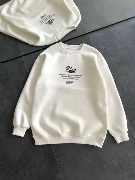 Kışlık Bisiklet Yaka Ön Ve Arka Baskılı SweatShirt - Beyaz ürün görseli