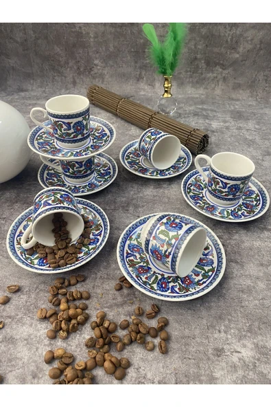 Porselen Topkapı Çini Desenli 6 Kişilik Türk Kahvesi Fincan Takımı 12 Parça - 3