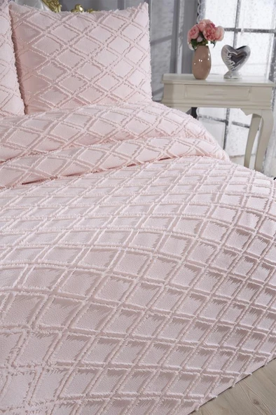 Çeyiz Diyarı Vesya 3 Parça Çift Kişilik Pike Takımı Pudra - Resim 3