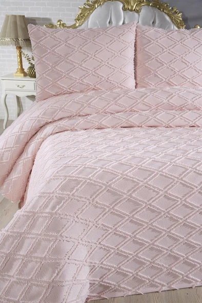 Çeyiz Diyarı Vesya 3 Parça Çift Kişilik Pike Takımı Pudra - Resim 2