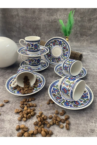 Porselen Topkapı Çini Desenli 6 Kişilik Türk Kahvesi Fincan Takımı 12 Parça - 4